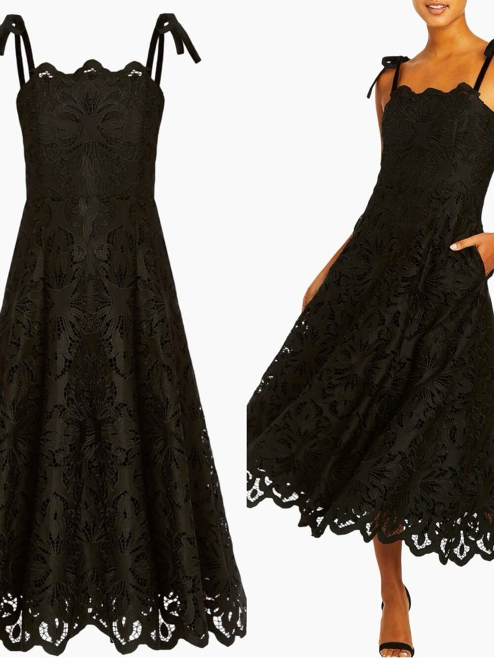 MESTIZA Cataleya Lace Floral Eyelet Tie Straps Black Midi Dress Size 6
